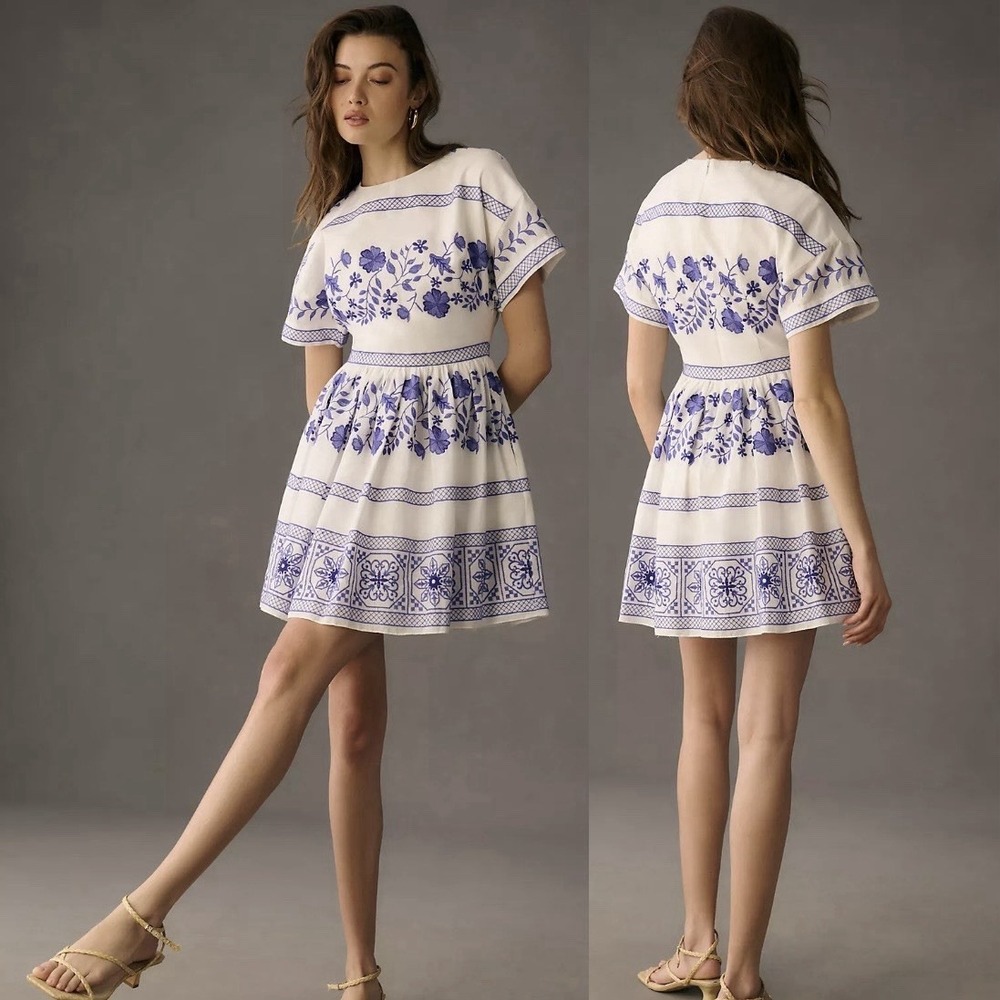 Shoshanna Amparo Linen Blend Floral Embroidered Mini Dress Cottagecore Summer 6